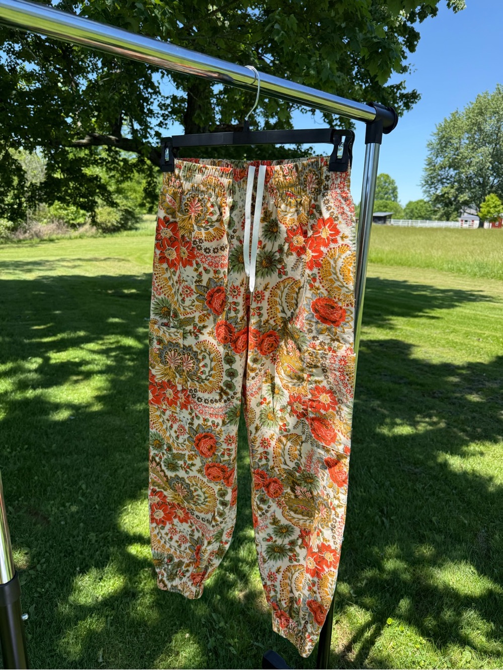 Urban Outfitters Cream Floral Drawstring Joggers with Orange Accents